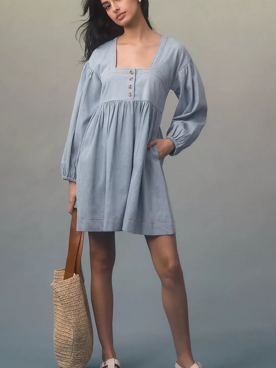 Anthropologie Dresses & Skirts - By Anthropologie Long-Sleeve Square-Neck Denim Babydoll Mini Dress